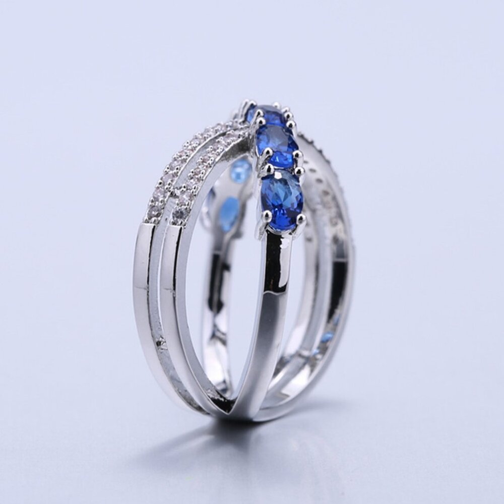Oval Royal Blue Anillos Unique Three Lines Silver Ring for Women, VIP272 - Picture 6 of 7